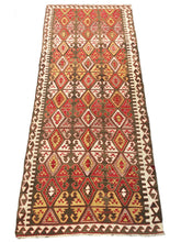 Load image into Gallery viewer, 4x10 Vintage Anatolian Turkish Kilim Area Rug | Repeating Symmetrical Tribal Motifs Vibrant Earthy Colors | SKU 270