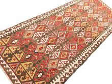 Load image into Gallery viewer, 4x10 Vintage Anatolian Turkish Kilim Area Rug | Repeating Symmetrical Tribal Motifs Vibrant Earthy Colors | SKU 270