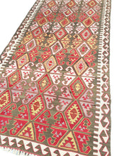 Load image into Gallery viewer, 4x10 Vintage Anatolian Turkish Kilim Area Rug | Repeating Symmetrical Tribal Motifs Vibrant Earthy Colors | SKU 270