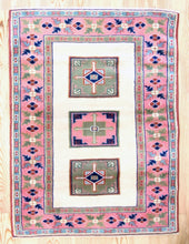 Load image into Gallery viewer, 4x5 Vintage Western Anatolian 'Yoruk' Turkish Area Rug | Three medallion field on ivory field with pink border | SKU 339