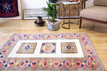 Load image into Gallery viewer, 4x5 Vintage Western Anatolian 'Yoruk' Turkish Area Rug | Three medallion field on ivory field with pink border | SKU 339