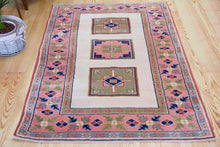 Load image into Gallery viewer, 4x5 Vintage Western Anatolian 'Yoruk' Turkish Area Rug | Three medallion field on ivory field with pink border | SKU 339