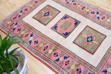 Load image into Gallery viewer, 4x5 Vintage Western Anatolian 'Yoruk' Turkish Area Rug | Three medallion field on ivory field with pink border | SKU 339