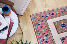 Load image into Gallery viewer, 4x5 Vintage Western Anatolian 'Yoruk' Turkish Area Rug | Three medallion field on ivory field with pink border | SKU 339