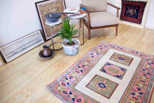 Load image into Gallery viewer, 4x5 Vintage Western Anatolian 'Yoruk' Turkish Area Rug | Three medallion field on ivory field with pink border | SKU 339