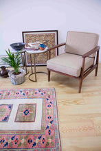 Load image into Gallery viewer, 4x5 Vintage Western Anatolian 'Yoruk' Turkish Area Rug | Three medallion field on ivory field with pink border | SKU 339