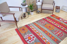 Load image into Gallery viewer, 4x7 Vintage Eastern Anatolian 'Kars' Turkish Kilim Area Rug | Stripes with different colors and bold symbols | SKU 343