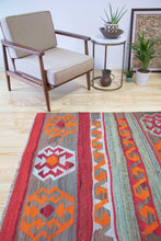 Load image into Gallery viewer, 4x7 Vintage Eastern Anatolian 'Kars' Turkish Kilim Area Rug | Stripes with different colors and bold symbols | SKU 343