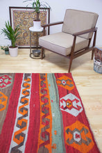 Load image into Gallery viewer, 4x7 Vintage Eastern Anatolian 'Kars' Turkish Kilim Area Rug | Stripes with different colors and bold symbols | SKU 343