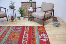 Load image into Gallery viewer, 4x7 Vintage Eastern Anatolian 'Kars' Turkish Kilim Area Rug | Stripes with different colors and bold symbols | SKU 343