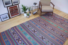 Load image into Gallery viewer, 6x10 Vintage Anatolian Wool Turkish Kilim Area Rug | Stripe design muted colors tribal motifs | SKU 361