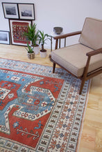 Load image into Gallery viewer, 6x8 Vintage Central Anatolian 'Yoruk' Turkish Area Rug with a rust field and 'shield Kazak' design geometric border | SKU 378