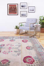 Load image into Gallery viewer, 7x10 Vintage Western Anatolian Oushak Style 'Demirci' Turkish Area Rug | Square floral medallion khaki field floral border | SKU 392
