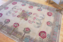 Load image into Gallery viewer, 7x10 Vintage Western Anatolian Oushak Style 'Demirci' Turkish Area Rug | Square floral medallion khaki field floral border | SKU 392