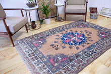 Load image into Gallery viewer, 5x7 Vintage Central Anatolian 'Konya' Turkish Area Rug | Navy medallion with pink accents spacious field | SKU 393