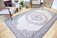 Load image into Gallery viewer, 6x9 Vintage Western Anatolian Oushak Style 'Demirci' Turkish Area Rug | Bold medallion on spacious spacious field floral border | SKU 397