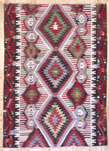 Load image into Gallery viewer, 5x7 Vintage Anatolian Turkish Kilim Area Rug with repeating medallions and tribal symbols | SKU 400