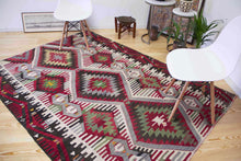 Load image into Gallery viewer, 5x7 Vintage Anatolian Turkish Kilim Area Rug with repeating medallions and tribal symbols | SKU 400