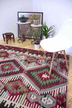 Load image into Gallery viewer, 5x7 Vintage Anatolian Turkish Kilim Area Rug with repeating medallions and tribal symbols | SKU 400