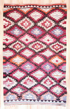 Load image into Gallery viewer, 5x8 Vintage Anatolian Turkish Kilim Area Rug | Interlocked vibrant geometric tribal symbols | SKU 408