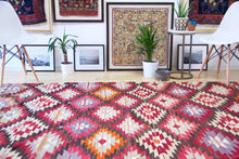 Load image into Gallery viewer, 5x8 Vintage Anatolian Turkish Kilim Area Rug | Interlocked vibrant geometric tribal symbols | SKU 408