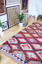 Load image into Gallery viewer, 5x8 Vintage Anatolian Turkish Kilim Area Rug | Interlocked vibrant geometric tribal symbols | SKU 408