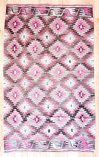 Load image into Gallery viewer, 6x10 Vintage Anatolian Turkish Kilim Area Rug | Interlocked pink gray geometric tribal symbols | SKU 409