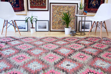 Load image into Gallery viewer, 6x10 Vintage Anatolian Turkish Kilim Area Rug | Interlocked pink gray geometric tribal symbols | SKU 409