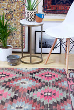 Load image into Gallery viewer, 6x10 Vintage Anatolian Turkish Kilim Area Rug | Interlocked pink gray geometric tribal symbols | SKU 409