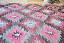 Load image into Gallery viewer, 6x10 Vintage Anatolian Turkish Kilim Area Rug | Interlocked pink gray geometric tribal symbols | SKU 409