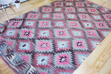 Load image into Gallery viewer, 6x10 Vintage Anatolian Turkish Kilim Area Rug | Interlocked pink gray geometric tribal symbols | SKU 409
