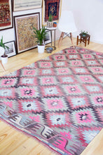 Load image into Gallery viewer, 6x10 Vintage Anatolian Turkish Kilim Area Rug | Interlocked pink gray geometric tribal symbols | SKU 409