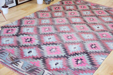 Load image into Gallery viewer, 6x10 Vintage Anatolian Turkish Kilim Area Rug | Interlocked pink gray geometric tribal symbols | SKU 409