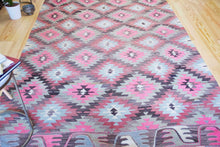 Load image into Gallery viewer, 6x10 Vintage Anatolian Turkish Kilim Area Rug | Interlocked pink gray geometric tribal symbols | SKU 409