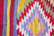 Load image into Gallery viewer, 5x7 Vintage Anatolian Turkish Kilim Area Rug | Strips with vibrant colors and bold medallion | SKU 417
