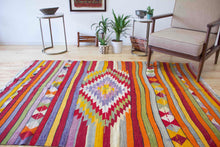 Load image into Gallery viewer, 5x7 Vintage Anatolian Turkish Kilim Area Rug | Strips with vibrant colors and bold medallion | SKU 417