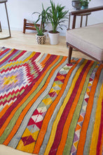 Load image into Gallery viewer, 5x7 Vintage Anatolian Turkish Kilim Area Rug | Strips with vibrant colors and bold medallion | SKU 417
