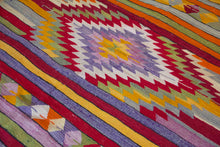 Load image into Gallery viewer, 5x7 Vintage Anatolian Turkish Kilim Area Rug | Strips with vibrant colors and bold medallion | SKU 417