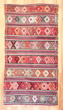 Load image into Gallery viewer, 5x8 Vintage Anatolian Turkish Kilim Area Rug | Strips with vibrant colors and bold symbols | SKU 452