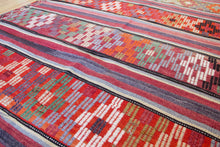 Load image into Gallery viewer, 5x8 Vintage Anatolian Turkish Kilim Area Rug | Strips with vibrant colors and bold symbols | SKU 452