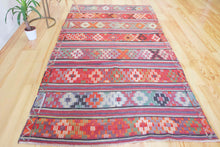 Load image into Gallery viewer, 5x8 Vintage Anatolian Turkish Kilim Area Rug | Strips with vibrant colors and bold symbols | SKU 452