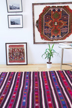 Load image into Gallery viewer, 5x7 Vintage Anatolian Turkish Kilim Area Rug | Strips with bold colors and tribal symbols | SKU 453
