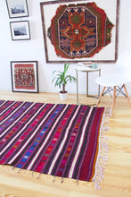 Load image into Gallery viewer, 5x7 Vintage Anatolian Turkish Kilim Area Rug | Strips with bold colors and tribal symbols | SKU 453