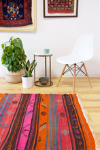 Load image into Gallery viewer, 4x7 Vintage Anatolian Turkish Kilim Area Rug | Vivid colorful stripe design bold tribal symbols | SKU 488