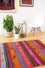Load image into Gallery viewer, 4x7 Vintage Anatolian Turkish Kilim Area Rug | Vivid colorful stripe design bold tribal symbols | SKU 488