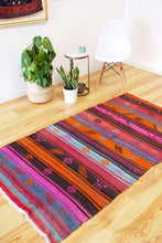 Load image into Gallery viewer, 4x7 Vintage Anatolian Turkish Kilim Area Rug | Vivid colorful stripe design bold tribal symbols | SKU 488