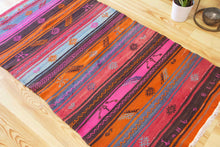 Load image into Gallery viewer, 4x7 Vintage Anatolian Turkish Kilim Area Rug | Vivid colorful stripe design bold tribal symbols | SKU 488