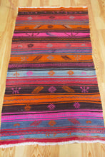 Load image into Gallery viewer, 4x7 Vintage Anatolian Turkish Kilim Area Rug | Vivid colorful stripe design bold tribal symbols | SKU 488