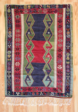 Load image into Gallery viewer, 5x7 Vintage Anatolian Turkish Kilim Area Rug | Symmetrical geometric design tribal motifs alternating colors | SKU 505