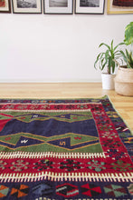 Load image into Gallery viewer, 5x7 Vintage Anatolian Turkish Kilim Area Rug | Symmetrical geometric design tribal motifs alternating colors | SKU 505